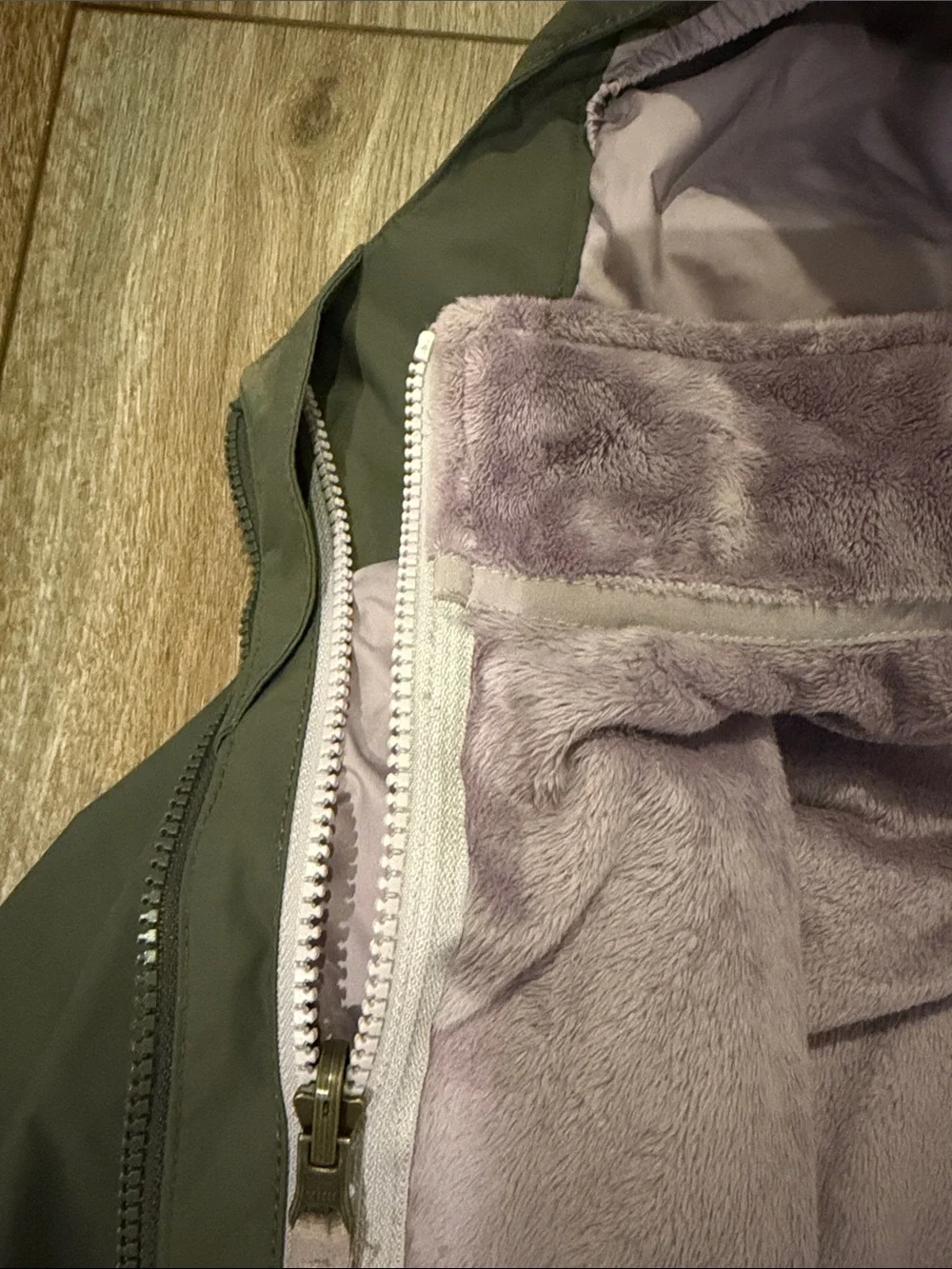 North Face Osolita Olive Green 3 in 1 Hooded Jacket with Lavender zip in Lining